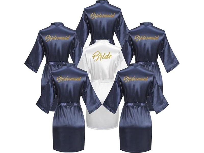6 Pieces Faux Silky Bridal Shower Bathrobe Set For Bride And Bridesmaid Carousel 1