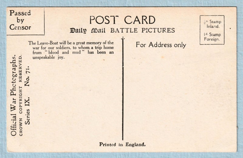 "BACK TO BLIGHTY' BOARDING THE LEAVE BOAT. DAILY MAIL BATTLE PICTURES POSTCARD. Carousel 2