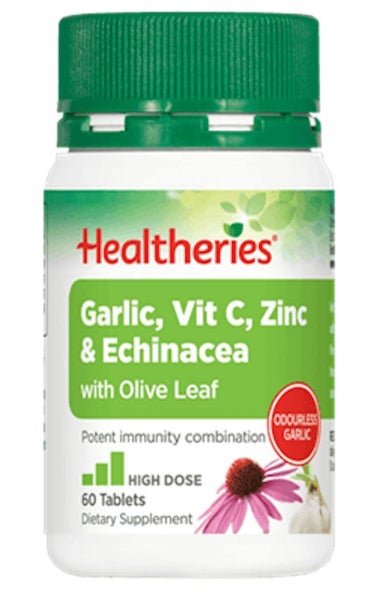 Healtheries Garlic Vitamin C Zinc and Echinacea with Olive Leaf 60 tablets Carousel 1