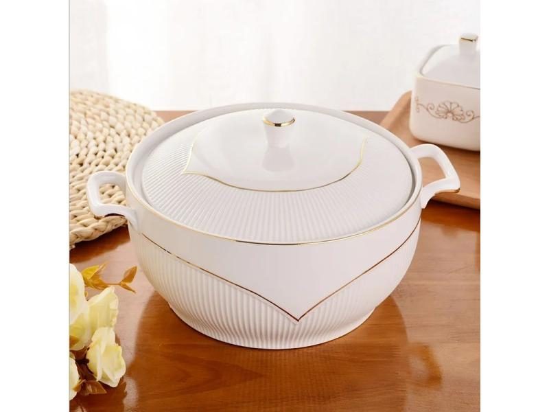 Ceramic Soup Pot 2.6L White Round Nordic Lid Large Bowl Kitchen Tableware Carousel 1