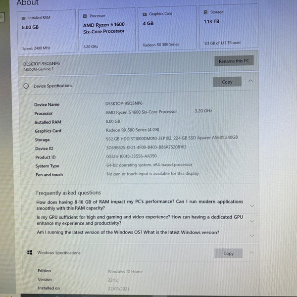 Gaming PC Computer: Ryzen 5 1600, Radeon RX580, 8g Ram, Philips 27" LED HD Carousel 7