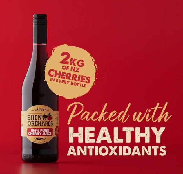 Eden Orchids NZ pure juices. 750ml. 100% Cherry, Blueberry or Peach. Carousel 1