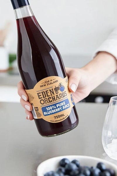 Eden Orchids NZ pure juices. 750ml. 100% Cherry, Blueberry or Peach. Carousel 2