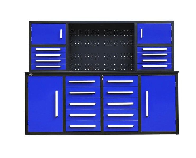 18 DRAW, 4 CUPBOARD BLUE WORK BENCH.