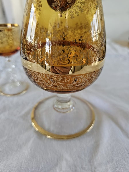 Vintage Amber Glass Decanter Set – Bohemian Style – Gold Gilded – 4 Glasses Carousel 2