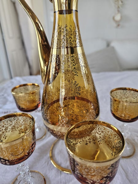 Vintage Amber Glass Decanter Set – Bohemian Style – Gold Gilded – 4 Glasses Carousel 1