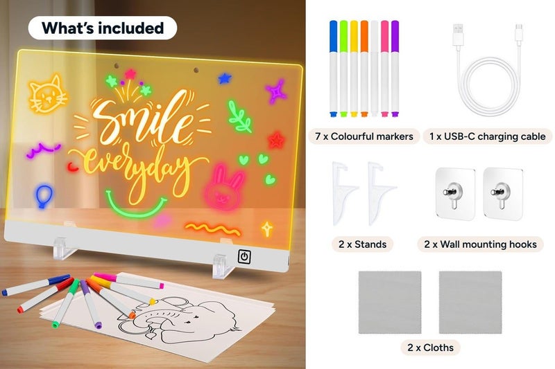 LED Acrylic Drawing Board with 7 Coloured Markers and Stand Carousel 11