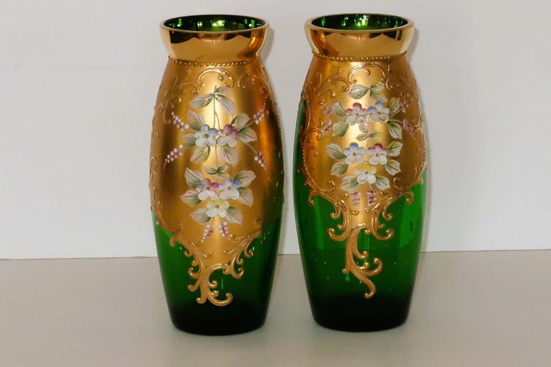 ***SIMPLY STUNNING BOHEMIAN HANDPAINTED GOLD AND FLORAL DESIGNED VASES*** Carousel 1