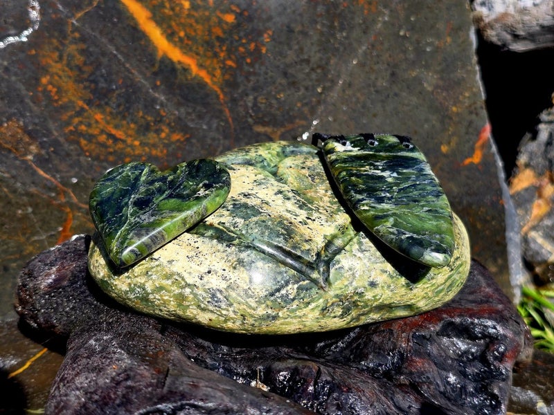 $1 RESERVE - NZ Pounamu / Greenstone Touchstone + Heart and Niho Pendants Carousel 1