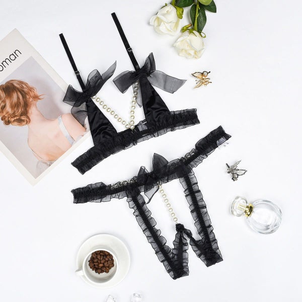 House Of Dasein Lace Patchwork Pearl Chain Lingerie Set Carousel 1