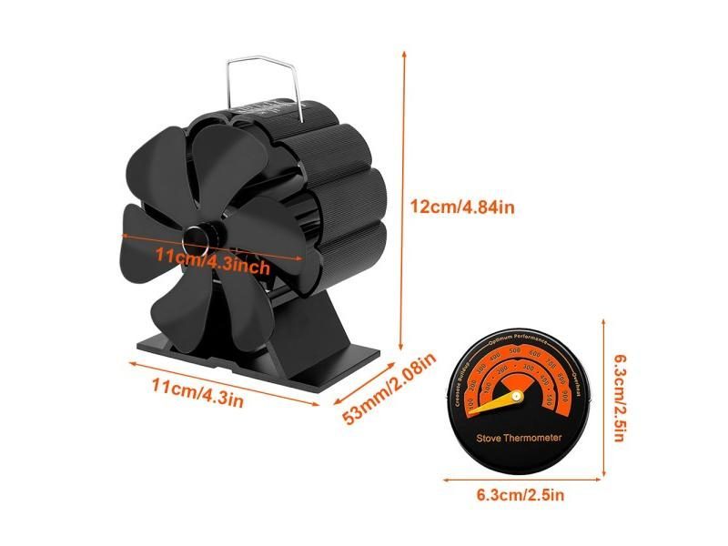6 Blades Heat Powered Stove Fan Black Fireplace Komin Log Wood Burner Eco Carousel 1
