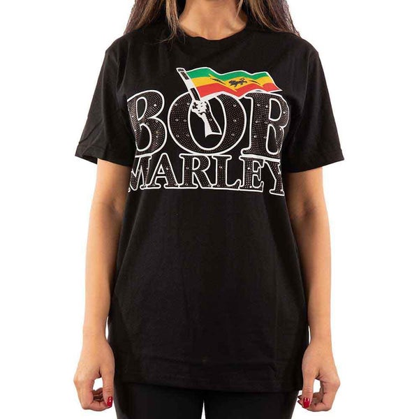 Bob Marley T Shirt Diamante Flag Logo new Official Unisex Black Carousel 1