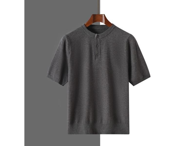 Summer New Pure Wool Solid Color Male O-neck Button Knitted Short Sleeve Carousel 1