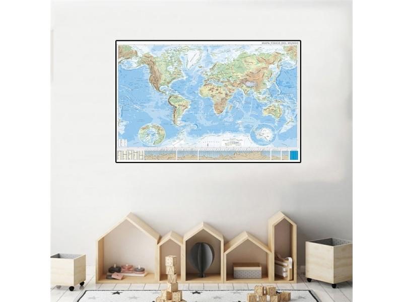 59*42cm The World Orographic Map In Spanish Small Poster Canvas Painting Wall Carousel 1