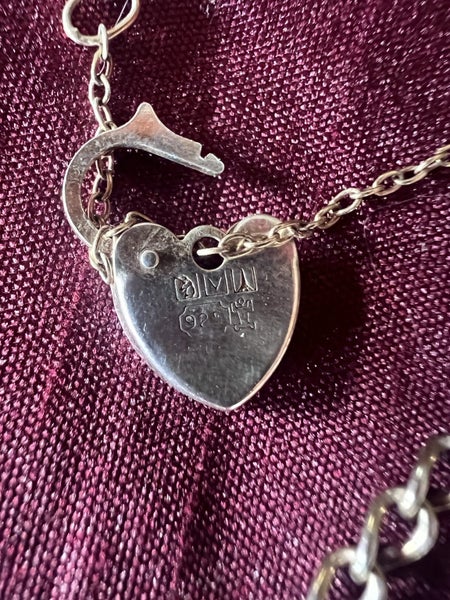 VINTAGE ITALIAN STERLING SILVER HEART PADLOCK BRACELET 3 GRAMS- NO RES Carousel 5