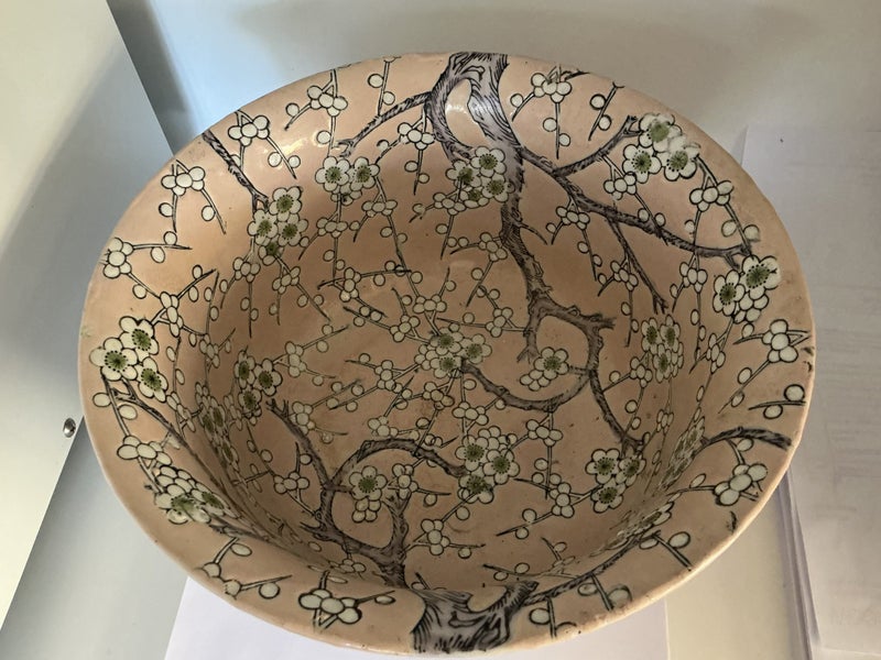 VERY OLD CHINESE FAMILIAR ROSE large BOWL THICK HAND PAINTING of CHERRY BLOSSOM Carousel 2