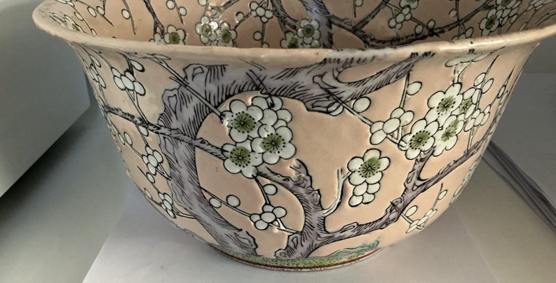 VERY OLD CHINESE FAMILIAR ROSE large BOWL THICK HAND PAINTING of CHERRY BLOSSOM Carousel 1