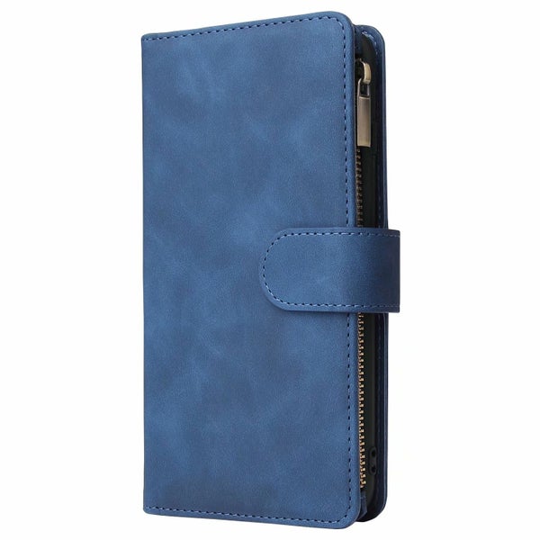 Moto E30 suede wallet case multifunction 6 cards & zipper navy Carousel 2