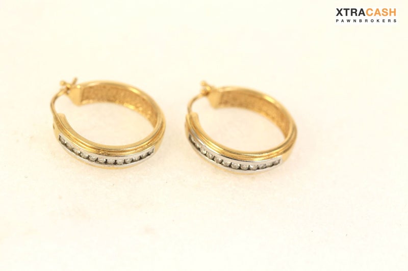 14ct Yellow Gold, White Gold and Diamond Hoop Earrings Carousel 1