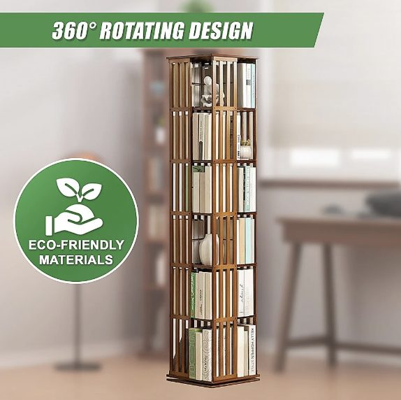 Bamboo Bookshelf 6 Tier 360 Degree Rotating Carousel 6