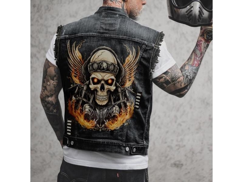 Men's Punk Eagle Print Sleeveless Denim Motorcycle Jacket Carousel 1