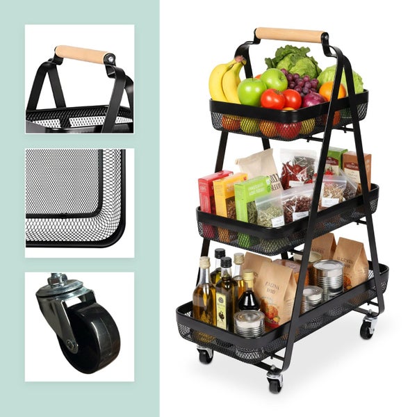 3 Tier Storage Trolley Organiser/Shelf Rack w/Wheels Black Carousel 1