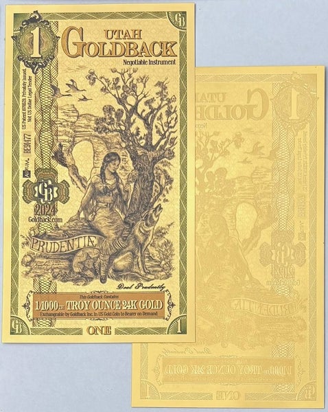 One Utah 2023 Goldback .999 Gold Bullion Foil Note, (24k). Carousel 1