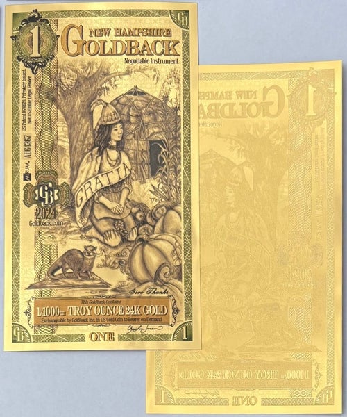 One New Hampshire 2020 Goldback .999 Gold Bullion Foil Note, (24k). Carousel 1