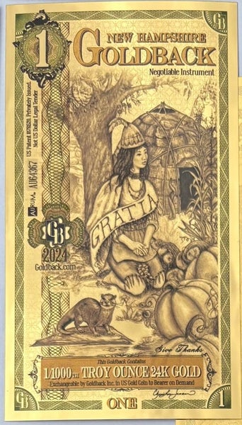 One New Hampshire 2020 Goldback .999 Gold Bullion Foil Note, (24k). Carousel 3