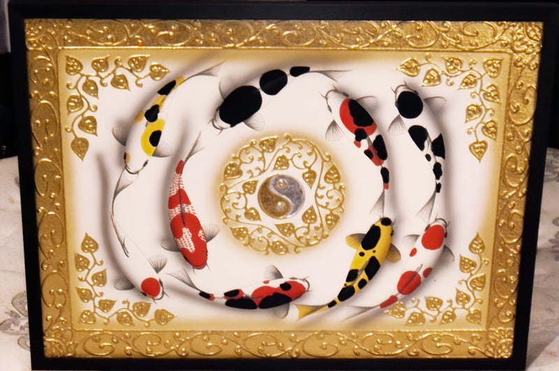 A painting of nine koi fish Ying-Yang symbol on Canvas Carousel 1