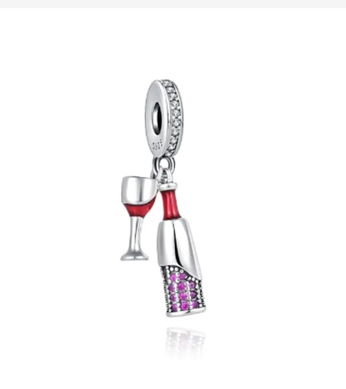 Sterling Silver Wine Bottle and Glass Charm with tiny diamantes
