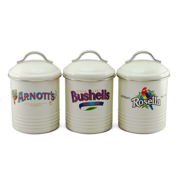 Farmhouse Enamel Retro Kitchen Canisters Arnotts Rosella Bushells Set 3 Carousel 1