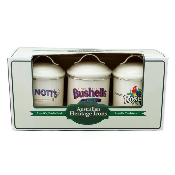 Farmhouse Enamel Retro Kitchen Canisters Arnotts Rosella Bushells Set 3 Carousel 2