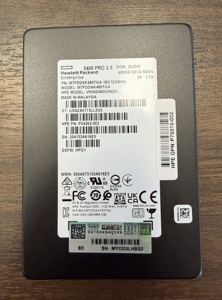 HPE 480GB SATA SSD RI - Micron 5400 Pro 2.5" SFF - Clean Pull from new Server Carousel 1