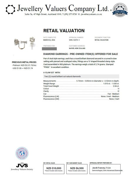 $1 RES * RRP $10,000.00 * 2.04ct DIAMOND EARRING in Platinum w/NZ Val Carousel 1