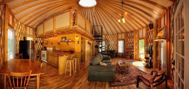 9m Yurt with Custom Circular Floor, fireplace & Front Deck – Ready to Relocate Carousel 9