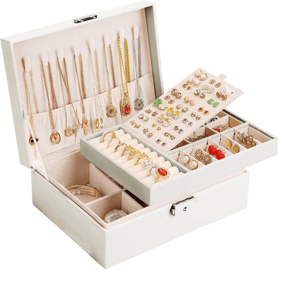 Jewelry Box Organizer for Women Girls, 2 Layer Large Men Storage Case, PU Lea Carousel 1