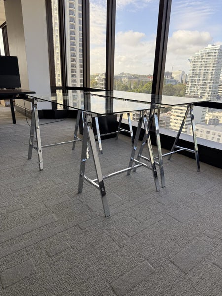 One Modern glass office desk on chrome trestle legs Carousel 5