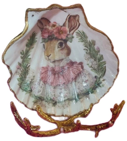 Shell Art - Scallop - Miss Rabbit in Pink w Golden Stag Antler Stand Carousel 1
