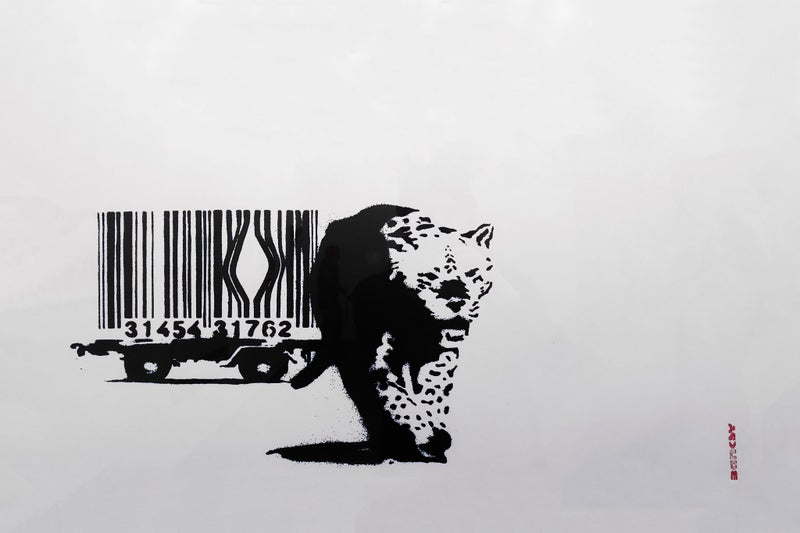 Framed $1 RESERVE 1 Panel Canvas Art Print - Banksy - Barcode Carousel 1