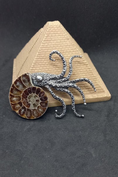 Ammonite fossil brooch, small crystal formations Carousel 1
