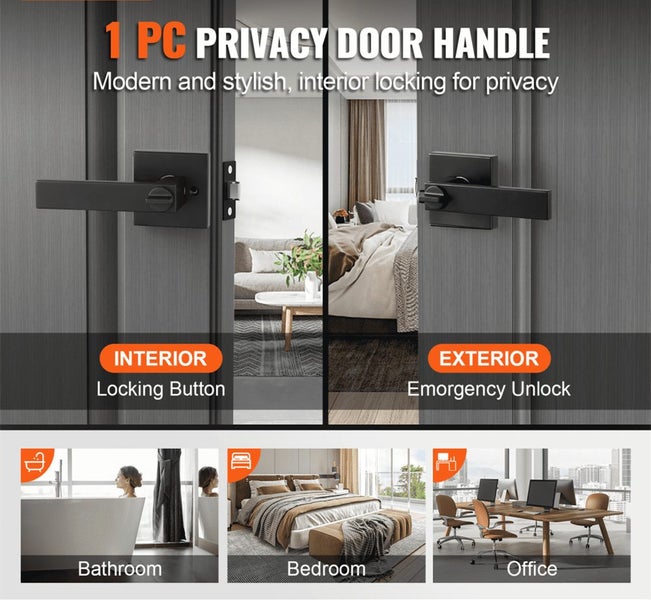 Privacy Door Handle 5 PCS Matte Black Square Door Lever with Keyless Lock Carousel 2