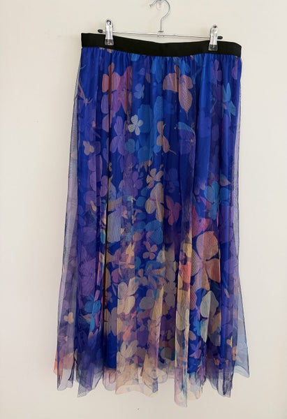 Blue Flowers Tulle Mesh Layered Maxi Skirt Size 14