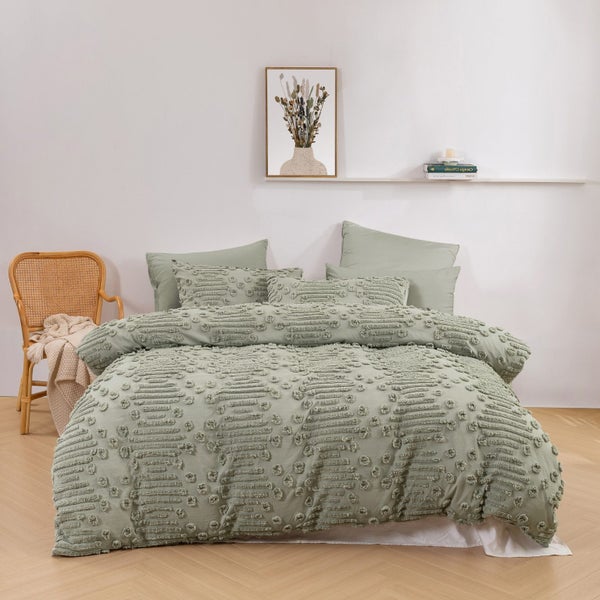 Dreamaker Fletcher Ultrafine Tufted Chenille Duvet Cover Set Sage King Single Carousel 1