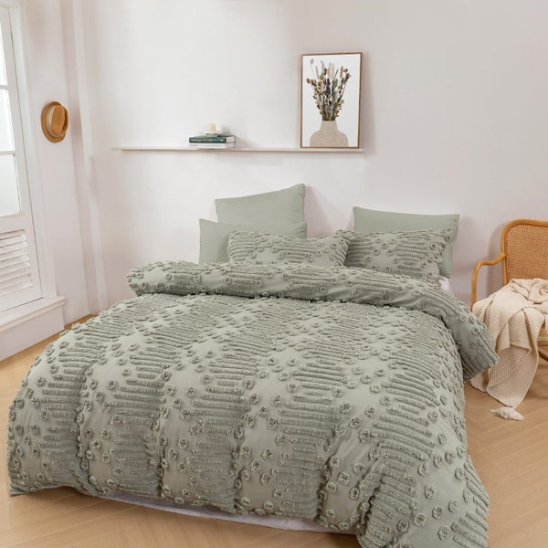 Dreamaker Fletcher Ultrafine Tufted Chenille Duvet Cover Set Sage King Single Carousel 2