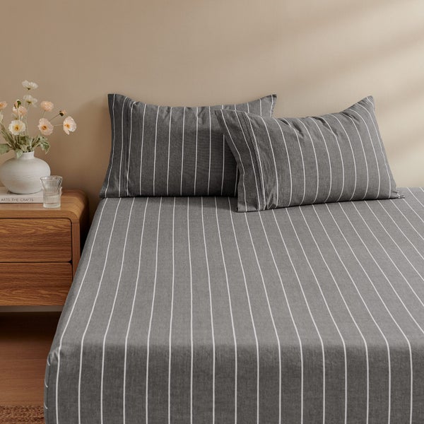 Dreamaker Rumi Washed Cotton Fitted Sheet Set White Stripe King Single Bed Carousel 2