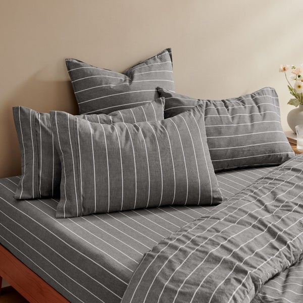 Dreamaker Rumi Washed Cotton Fitted Sheet Set White Stripe King Single Bed Carousel 6