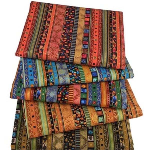 5 Pcs Cotton Craft Fabric Bundle Squares, Colored Printing Fabrics Ethnic Sty Carousel 1