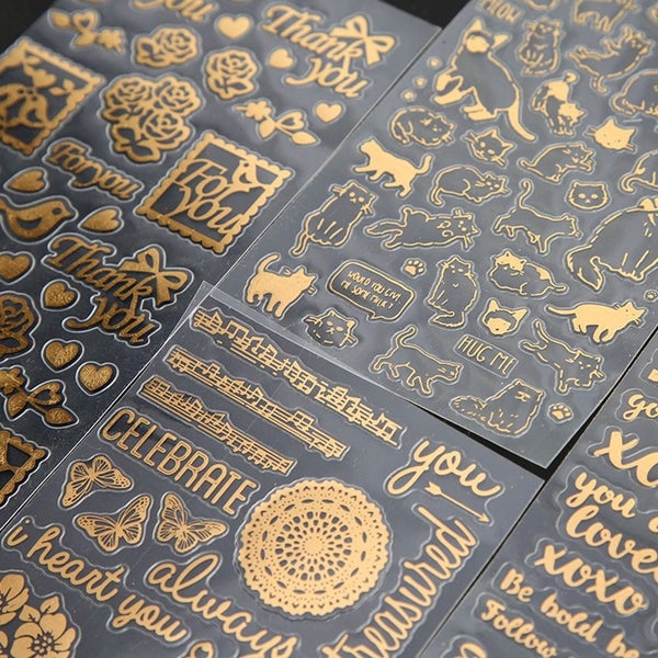 Gold Stamping Flat Stickers Cat English Flower Decals Decorative Stationary S Carousel 1