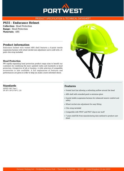 4 Pack Portwest Endurance Plus Work Safety Helmet Vented Hard Hat Hi-Vis Yell... Carousel 2